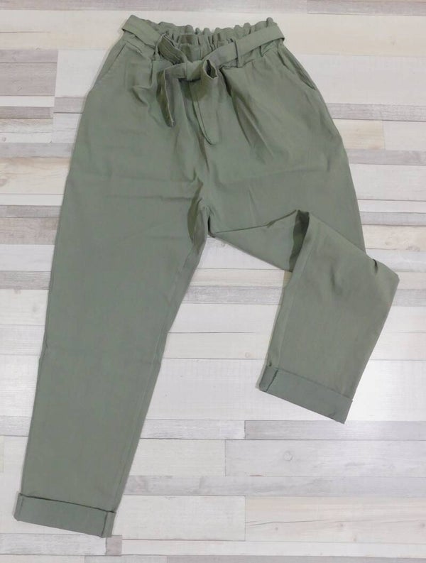 Pantalon uni ceinture - kaki
