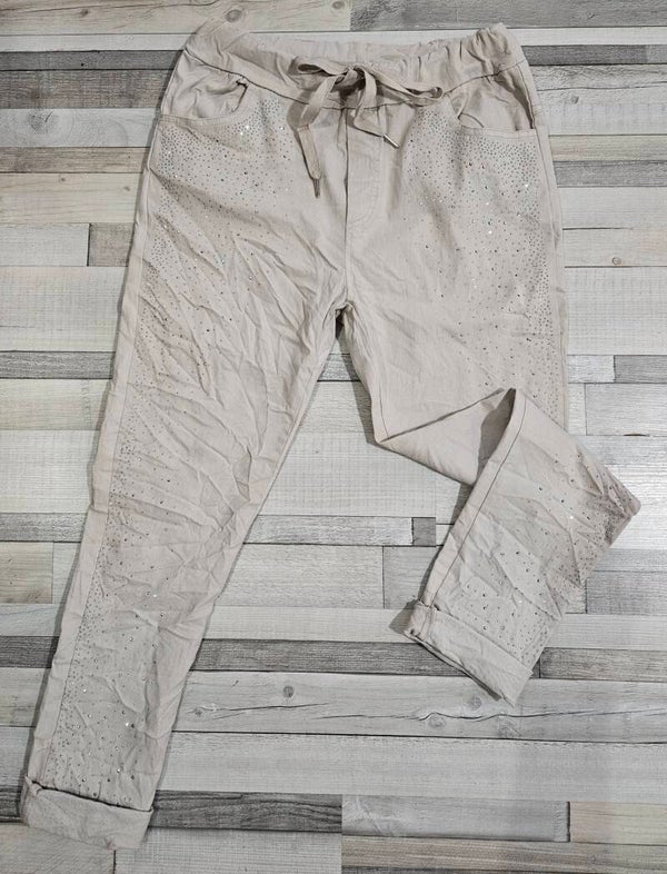 Pantalon uni strass - beige