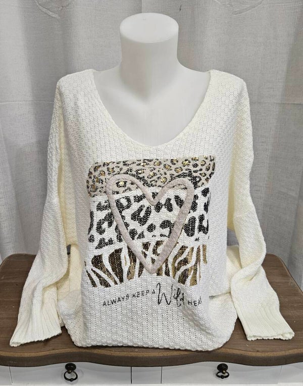 Pull cœur imprimé léopard - blanc