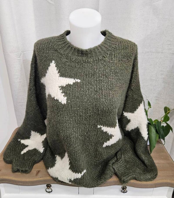 Pull épais, col rond, étoiles - kaki