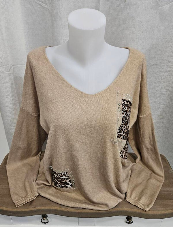 Pull fin motifs léopard et strass - beige