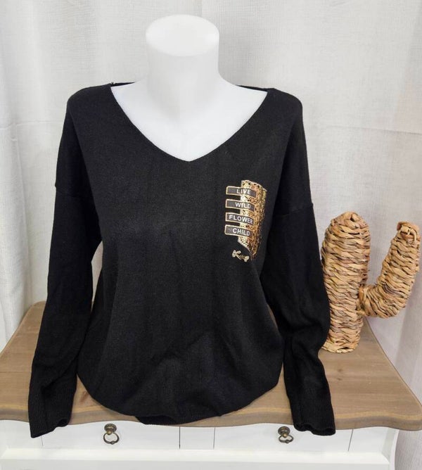 Pull fin dos brodé - noir