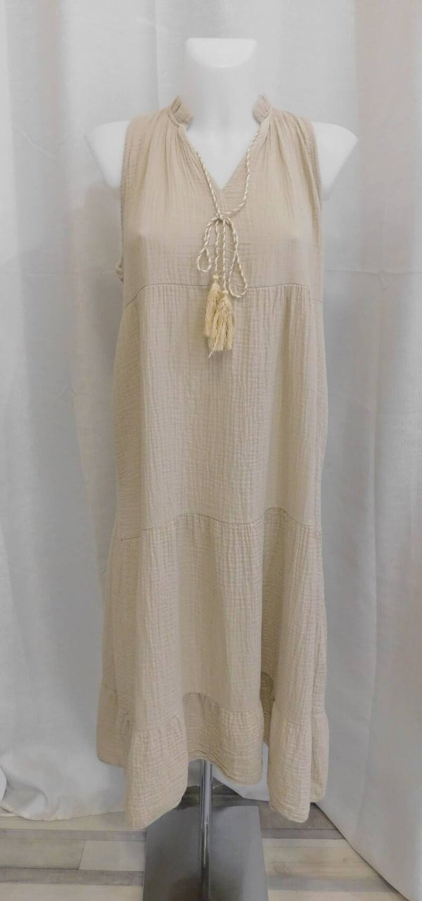 Robe gaze de coton pompons - beige