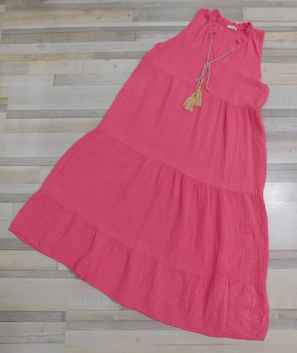 Robe gaze de coton pompons - framboise