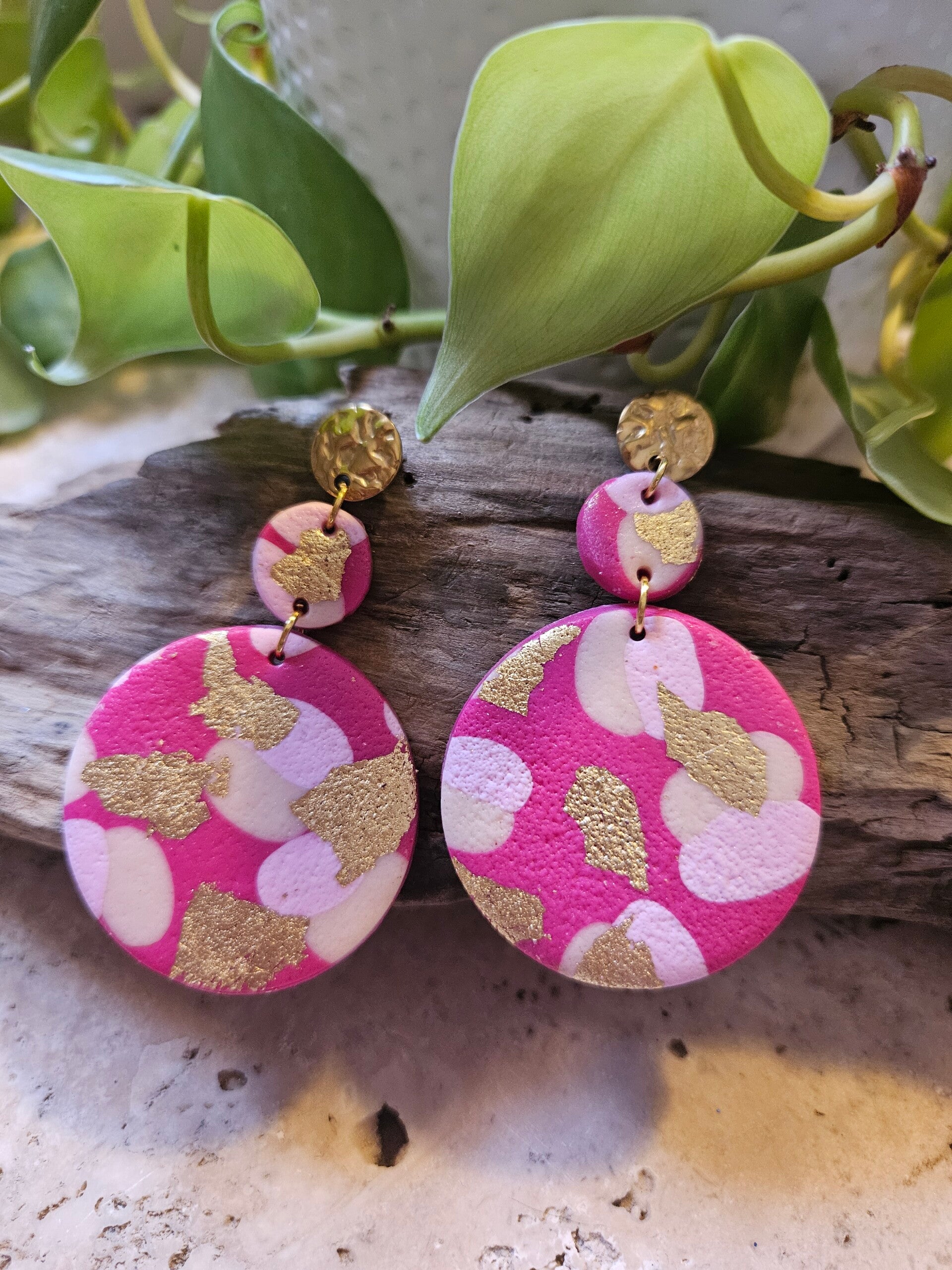 Boucles d'oreilles ROSY GM dorées - framboise, rose et beige