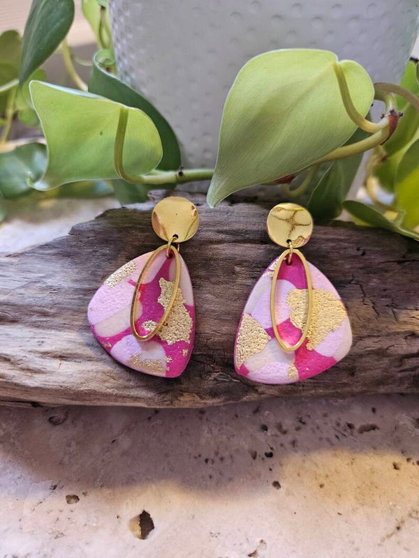 Boucles d'oreilles ROSY MM dorées - framboise, rose et beige