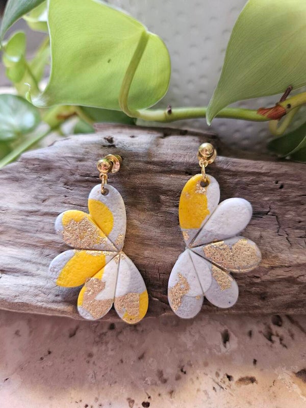 Boucles d'oreilles EGLANTINES PM dorées - gris, jaune et blanc