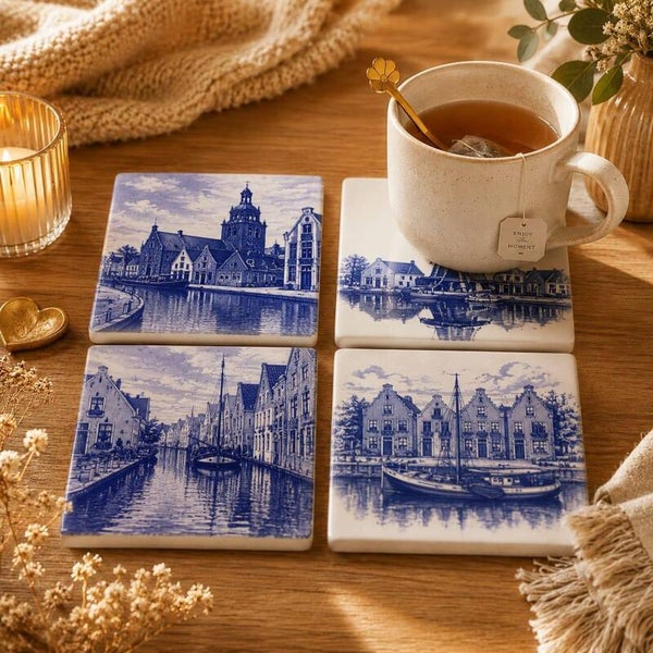 Keramiek Onderzetters set 4 'Meppel vintage blue'