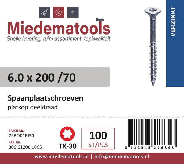 Miedema Tools Spaanplaatschroeven 6.0 x 200 /70 TX-30