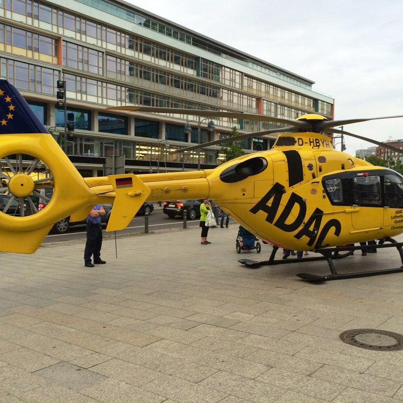 Helicopter landing in a Berlin street, Germany