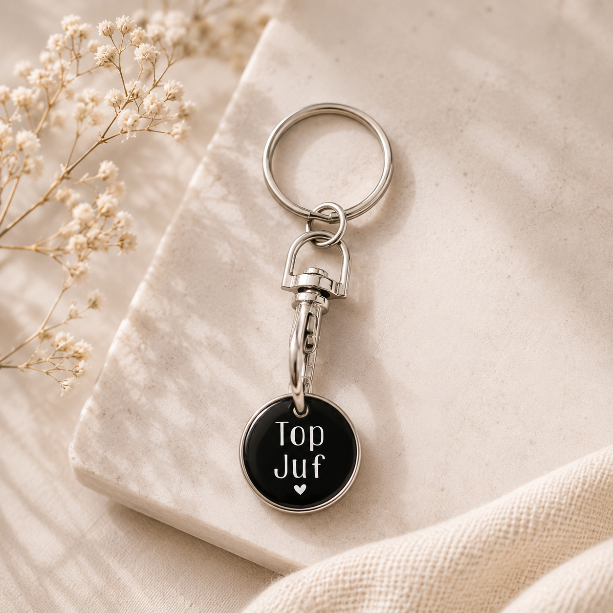 Sleutelhanger/ winkelwagen muntje - Top juf