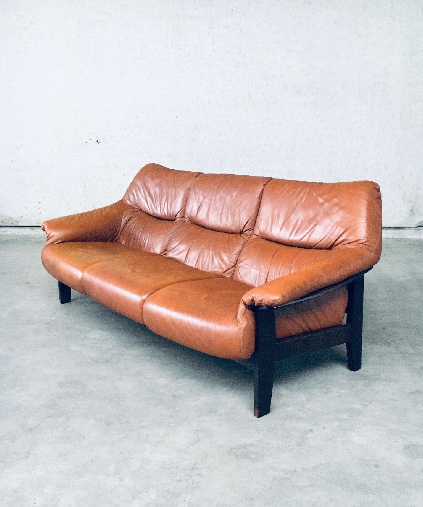 Midcentury Modern Scandinavian Design 3 Seat Leather Sofa 1970's Denmark