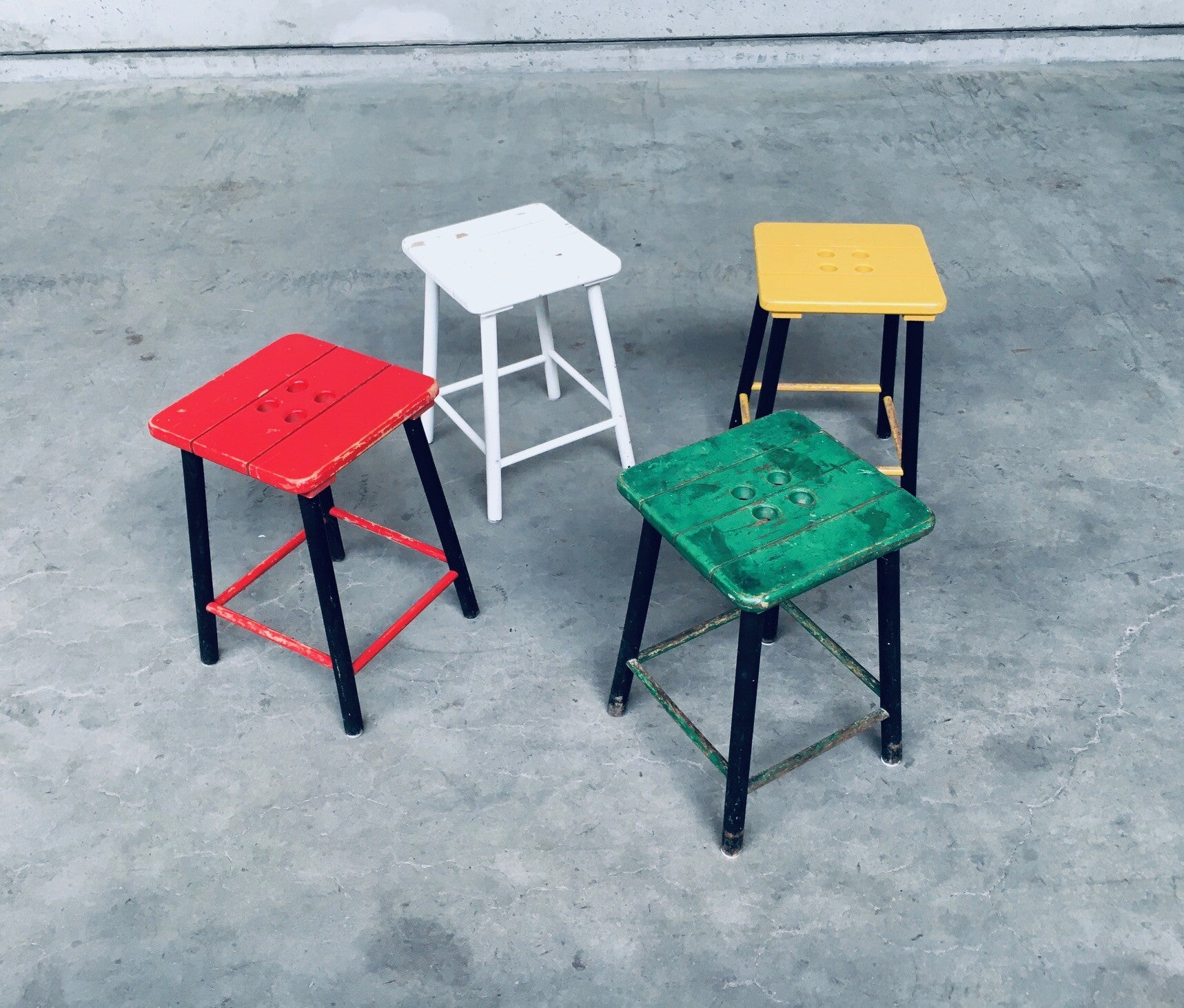 Vintage Midcentury Design Set of 4 Colorful Stools by Bois Manu, Belgium 1950's