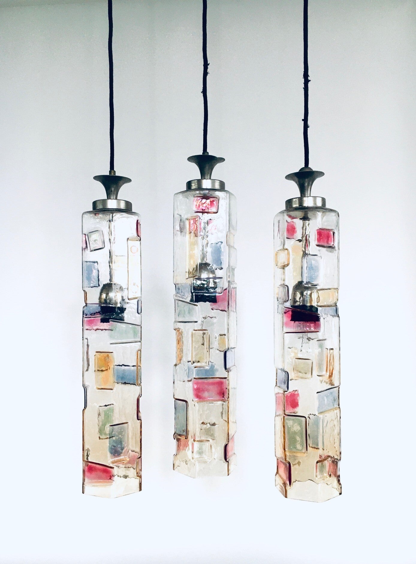 Poliarte Colored Glass Pendant Design Lamp Set, Italy 1950's