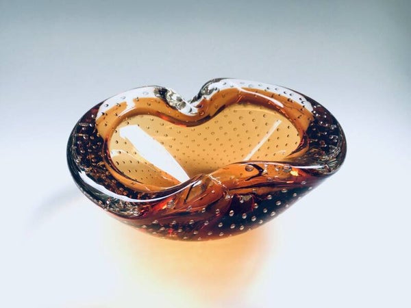 Vintage Murano large Amber Air Bubble Glass Bowl, 1960's Italy