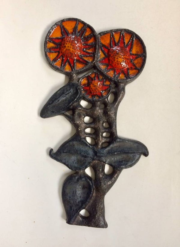 1960's Belgian Ceramic Wall Art Piece Fat Lava Flowers Perignem Studio Paul Vermeire Design
