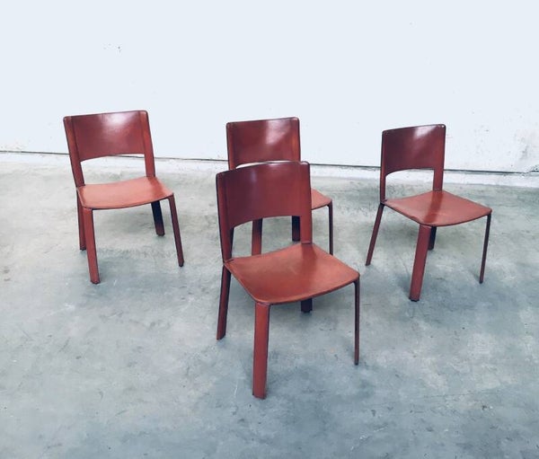 Italian Design Saddle Leather covered set of 4 Dining Chairs 1970's Italy