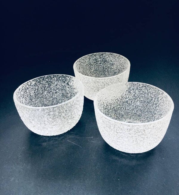 Scandinavian Design Set of 3 Ice Glass Structured Bowls 1970's