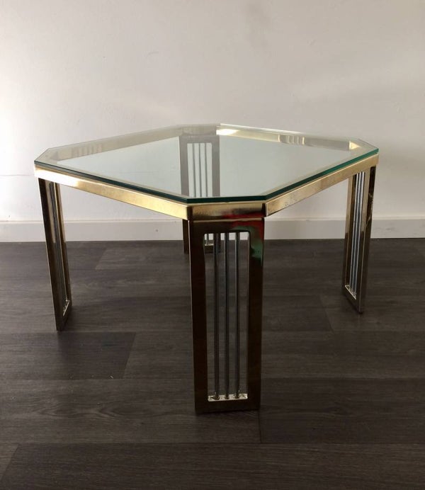 Hollywood Regency 1980's Design Brass & Glass Octagonal Side Table