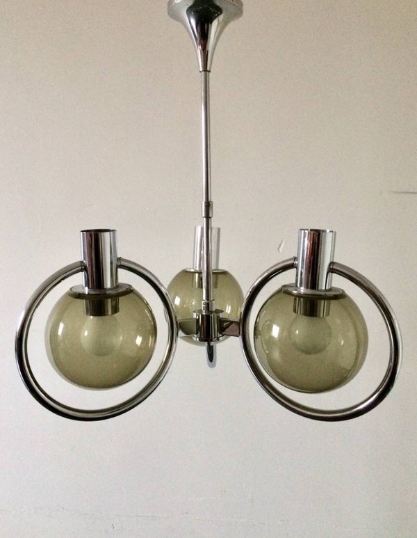 Midcentury Design by Raak 1970's Smoke Glass Chandelier Lamp