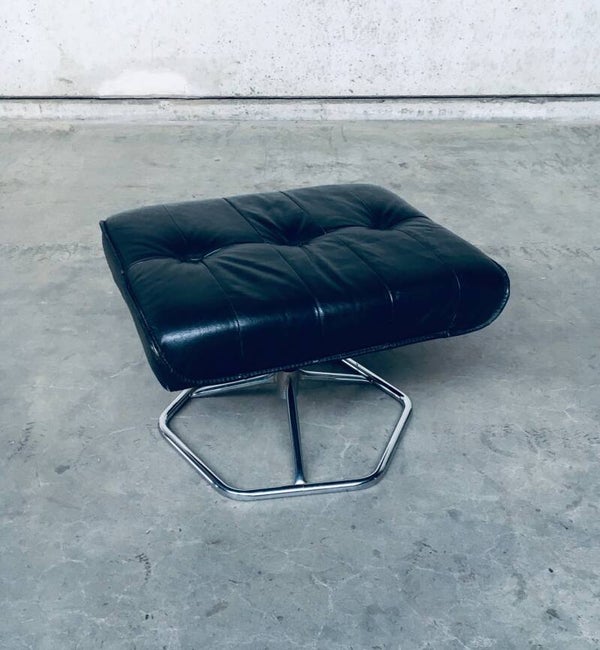 Midcentury Modern Design Black Leather Hocker Stool 1960's