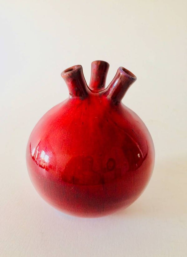 Very Rare Perignem 1950's Belgian Art Pottery Ceramic Blood Ox Glazed Triple spout Vase by Rogier Vanderweghe