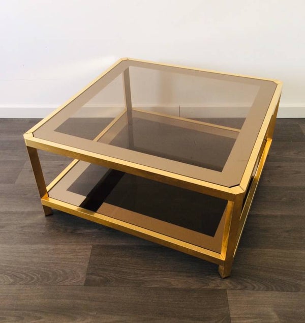 Midcentury Modern 24KT Gilded Square smoked glass Coffee Table by Fedam 1970's
