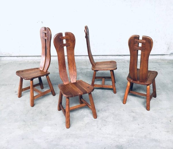 Brutalist Design Set of 4 Oak Dining Chairs by De Puydt, Belgium 1960's