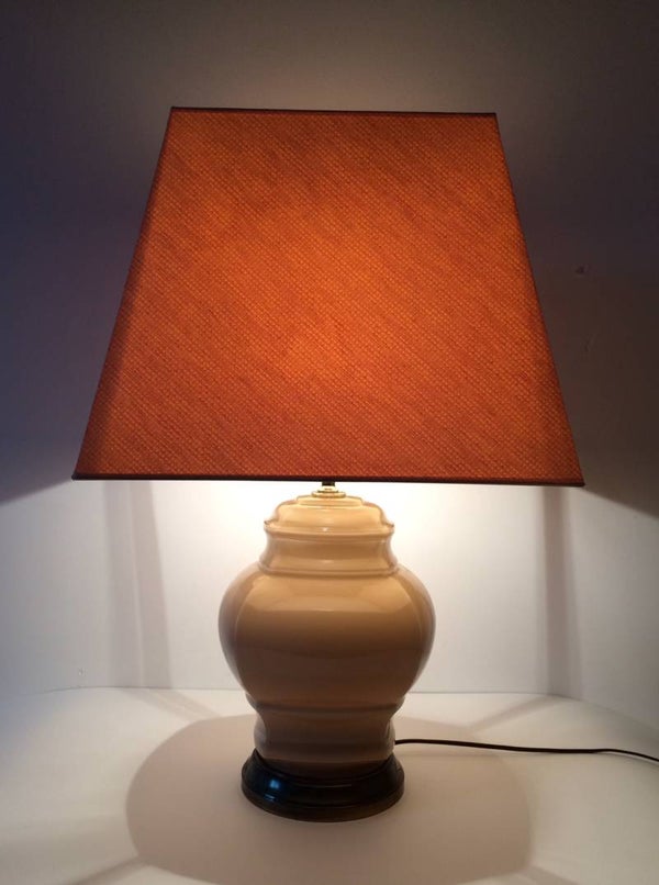 1970's Regency Deco large Beige Glass with brass base & shade table lamp
