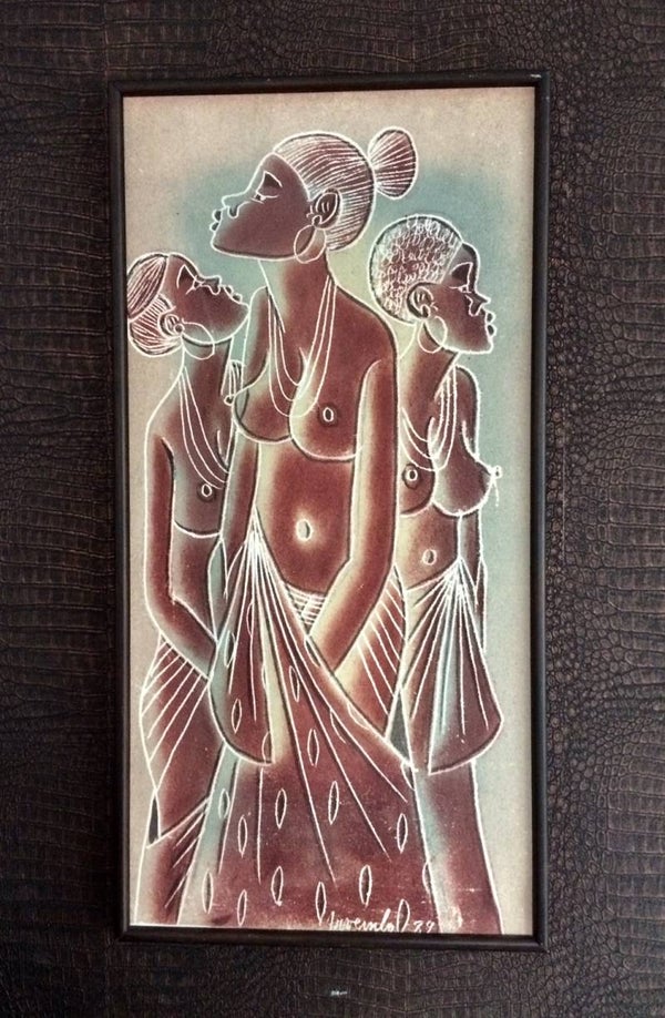 Midcentury Original African Art Sand Painting on Zaire Canvas Bag Signed