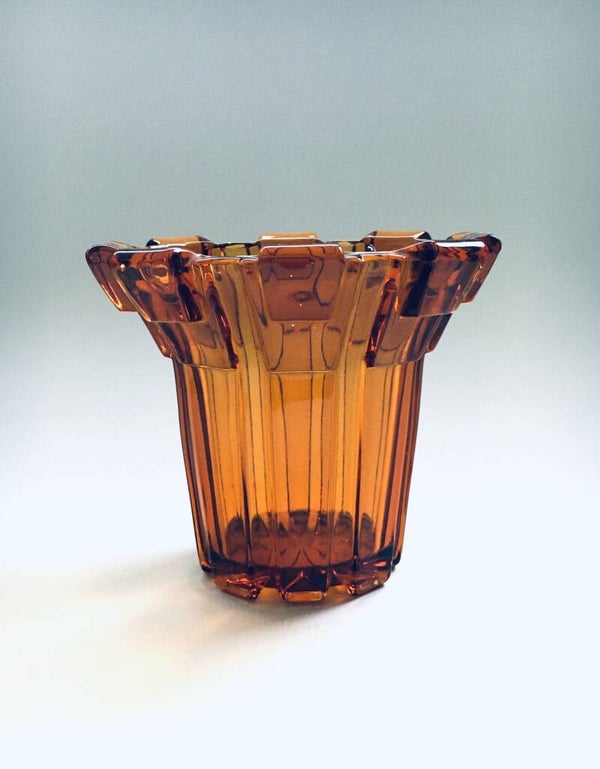 Art Deco Bohemia Amber Glass Vase, Czechoslovakia 1930's
