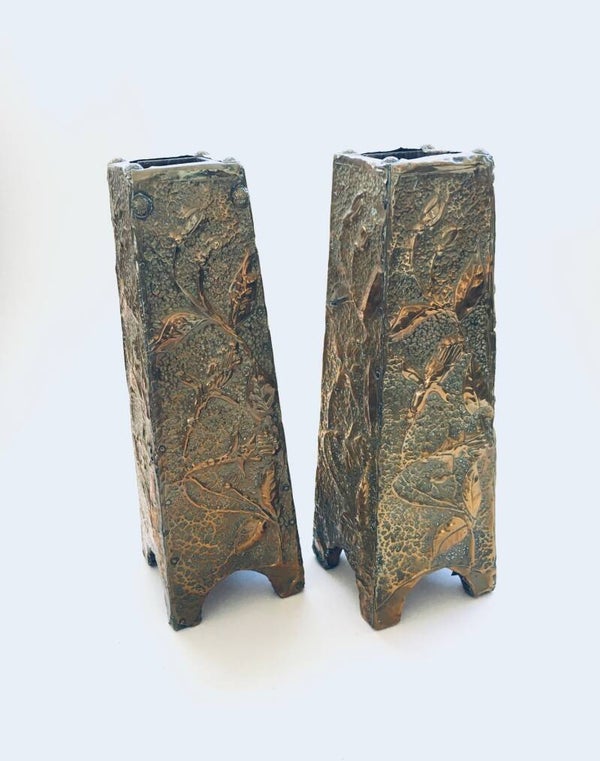 Arts & Crafts Style pair of Brass Flower Vases 1930's