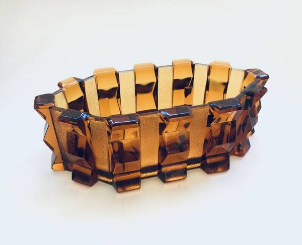 Art Deco Bohemia Amber Glass Fruit Bowl, Czechoslovakia 1930's
