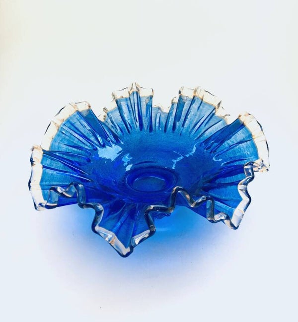 Vintage Folded Blue Glass Napkin Bowl, Murano Italy 1960's