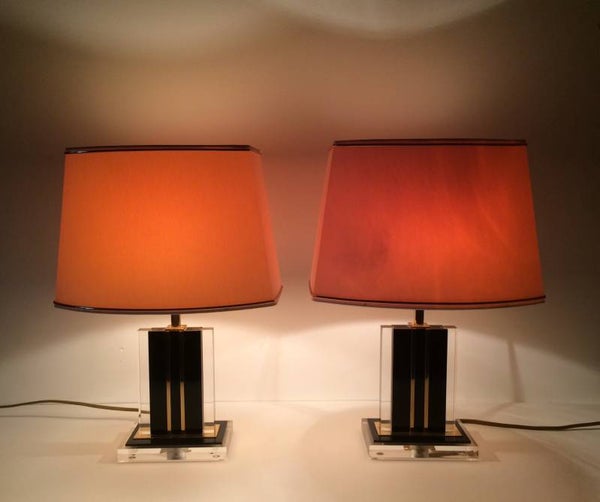 Hollywood Regency Lucite & Brass Table lamp set by Romeo Rega, Italy 1970's