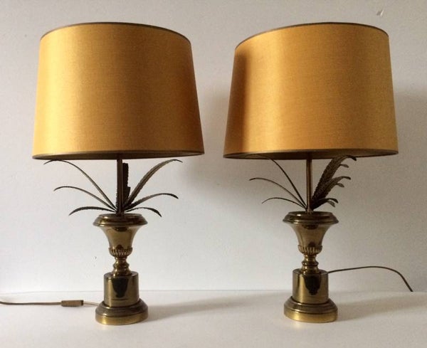 Hollywood Regency Brass Pineapple Table lamp set w Gold Lampshade 1960's