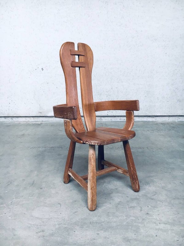 Brutalist Design Oak Dining Arm Chair by De Puydt, Belgium 1960's