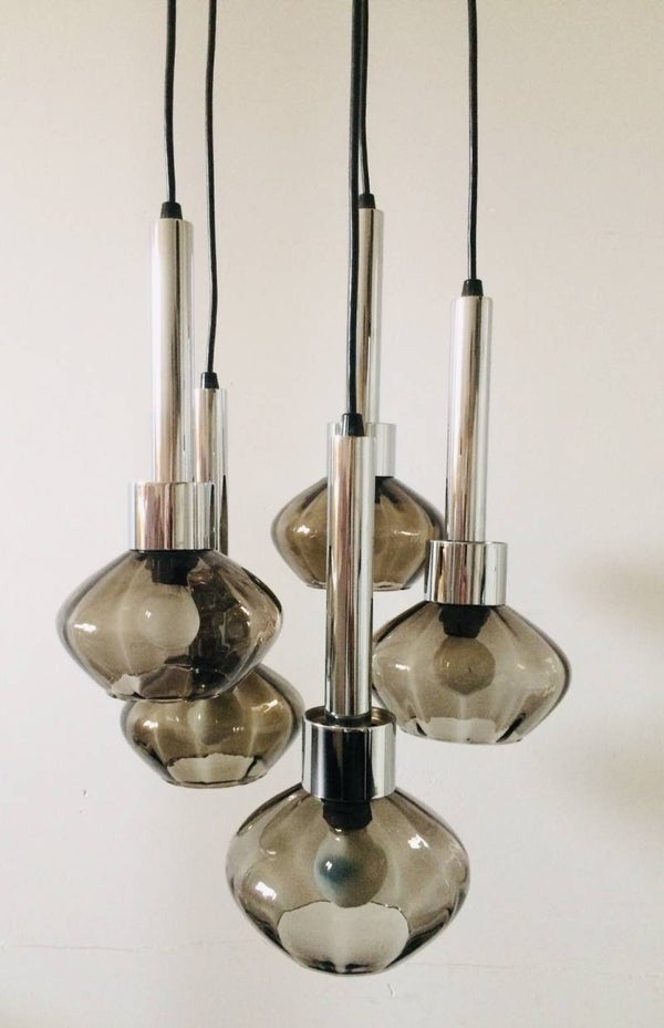Kaiser Leuchten 1960's Design Smoke Glass Cascade Pendant Hanging Lamp