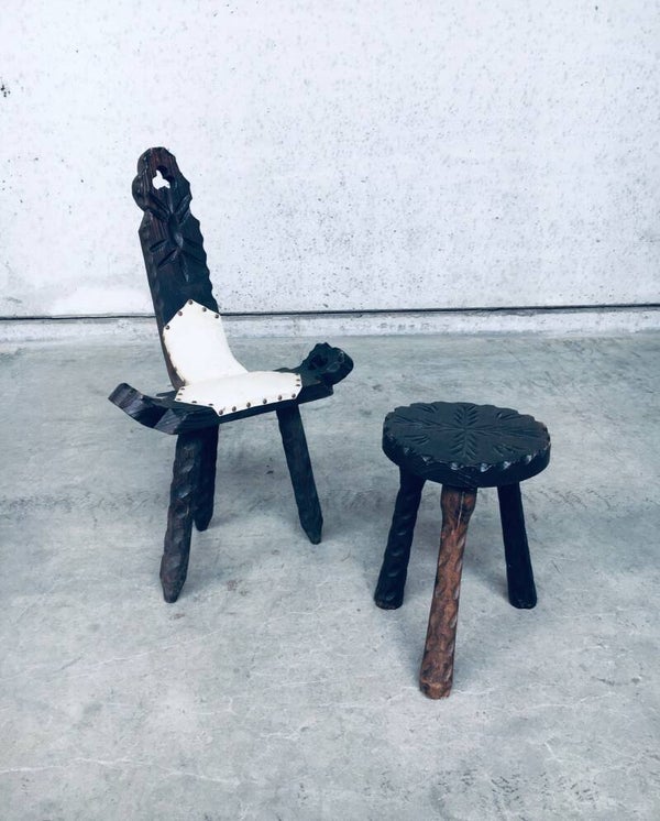 1960's Spanish Brutalist Wooden Tripod Chair & Stool