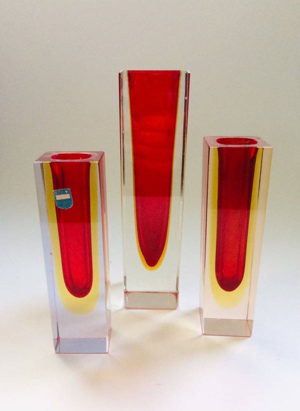 Murano Glass Vase set of 3 by Sommerso, 1960's Flavio Poli