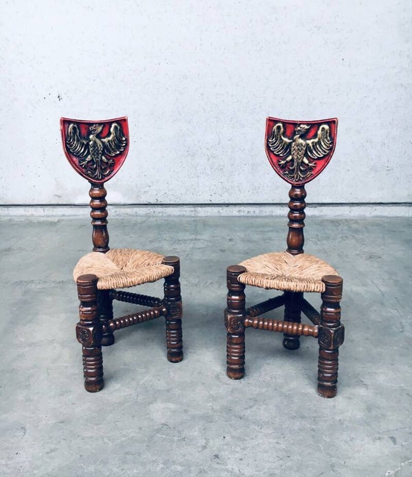 1960's Brutalist Hand Craft Made Medieval Knights Low Stool Chair Set