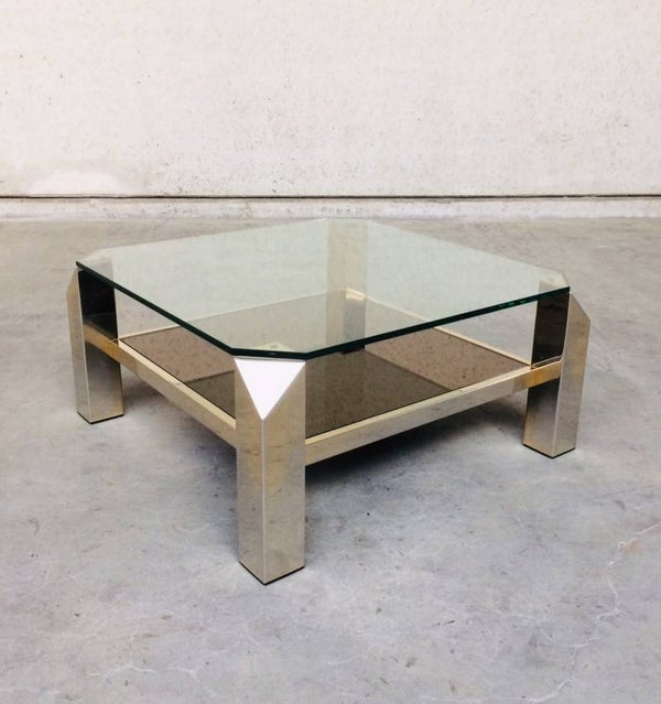 Midcentury Modern Square Brass & Glass Coffee Table by Belgochrom 1980's