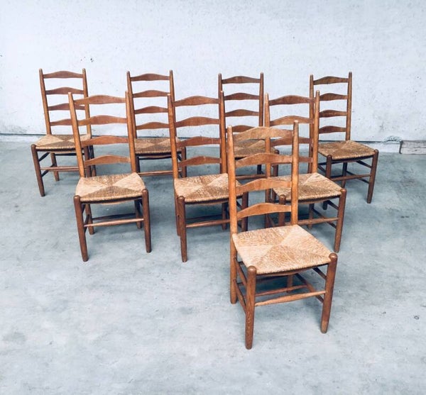 Brutalist Craft Oak & Paper Cord Farmer Dining Chair Set 1940's Belgium