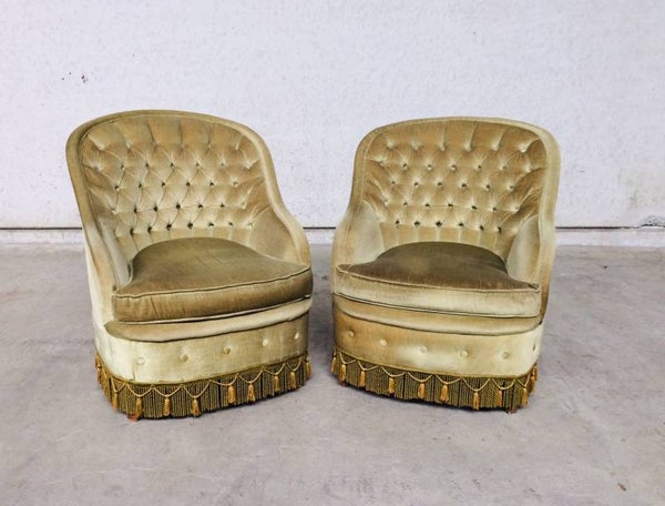 Hollywood Regency Style Set of 2 Green Velvet Arm Chairs 1960's