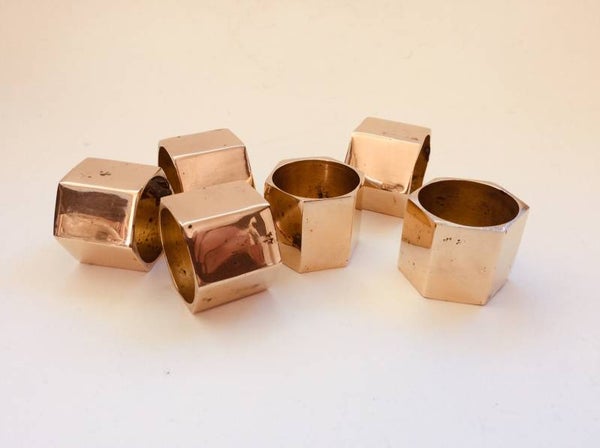 Brutalist Design Set of 6 Solid Brass Napkin Rings 1970's