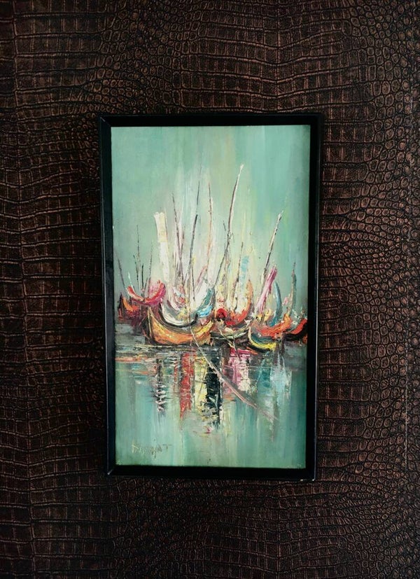 Handpainted Indonesian Tourism Art 'Boats' by Hidajat 1960's