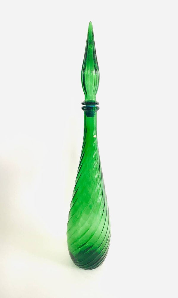 Empoli Green Twisted Glass Genie Decanter with Stopper, 1960's Italy