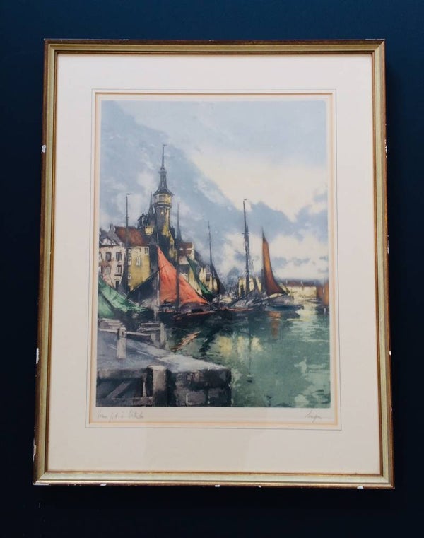 Original Color Etching Art Print by F.J. Luigini 'Vieux Port à Ostende' Early 1900's