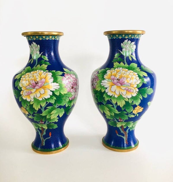 1960's Large Blue Flower Illustrated Chinese Cloisonné Enamel Vase set