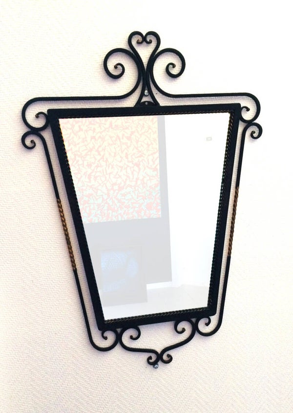Vintage 1950's Wrought Iron Black & Gold trim Mirror 2